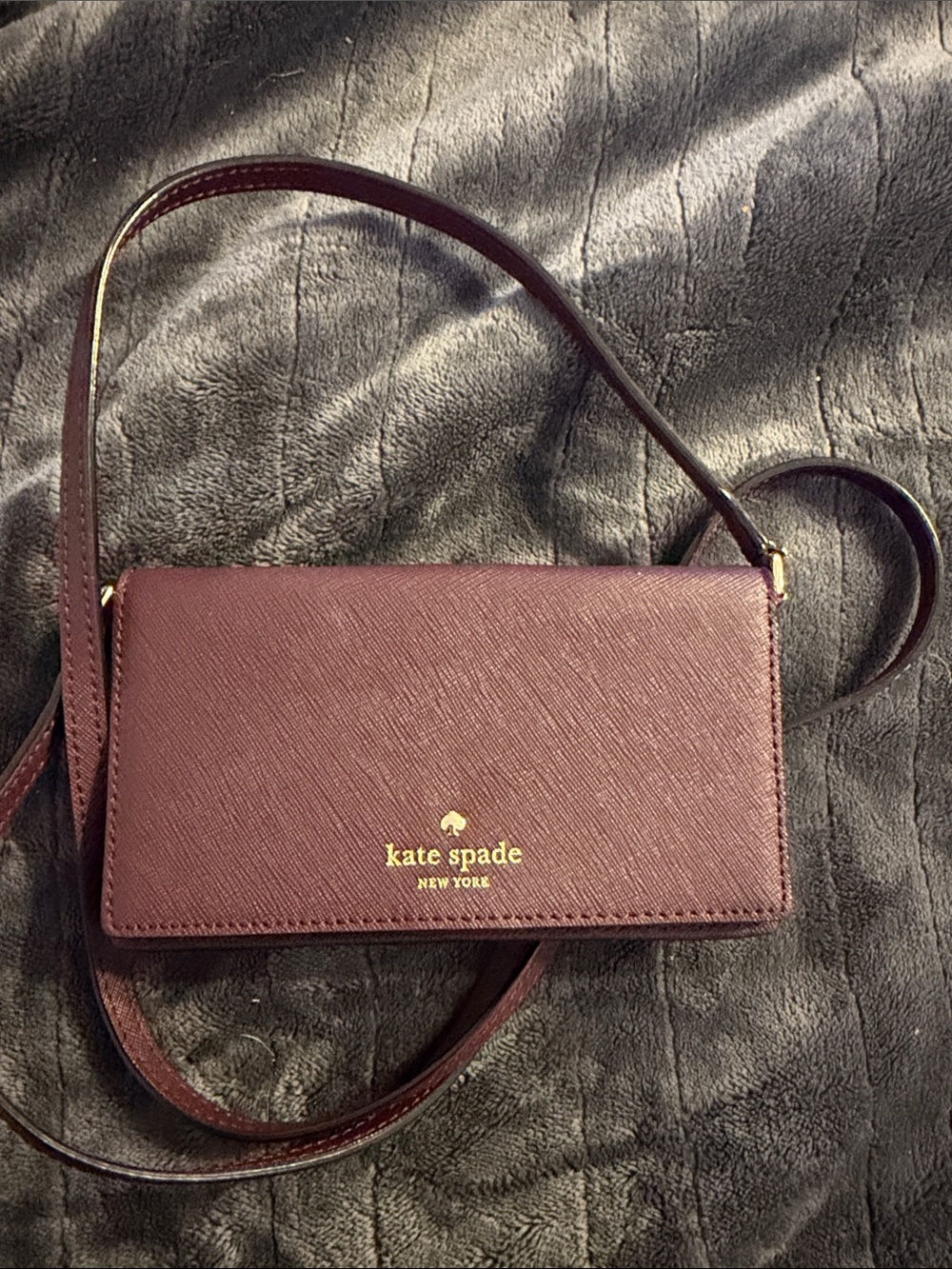 Kate Spade Burgundy Saffiano Crossbody Wallet with Gold Logo